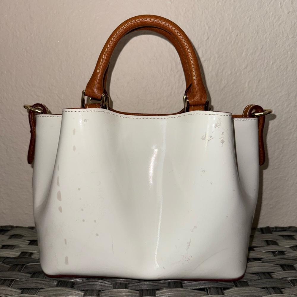 Dooney & Bourke Mini White Patent Leather Satchel Tote with Brown Leather Strap - Picture 13 of 17
